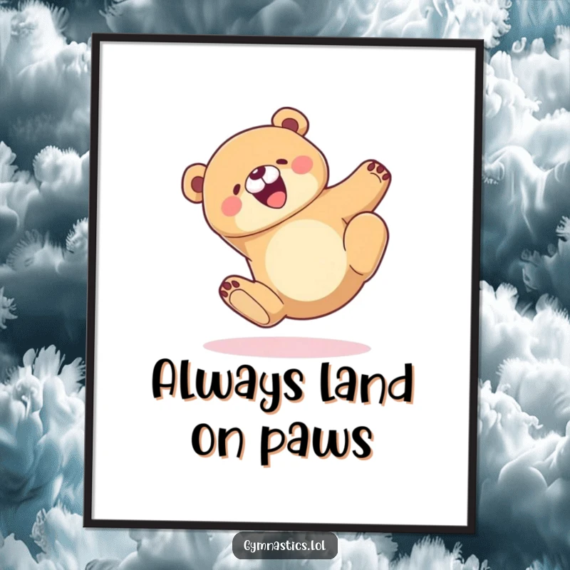 Funny Digital Art Print of a joyful bear executing a graceful tumble and landing perfectly on its feet, great for digital display.