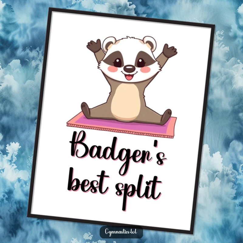 Funny Badger Digital Art Print: A cheerful badger does a split on a colorful gymnastics mat, showcasing flexibility humor and cheerful energy for wall decor, a funny gift.
