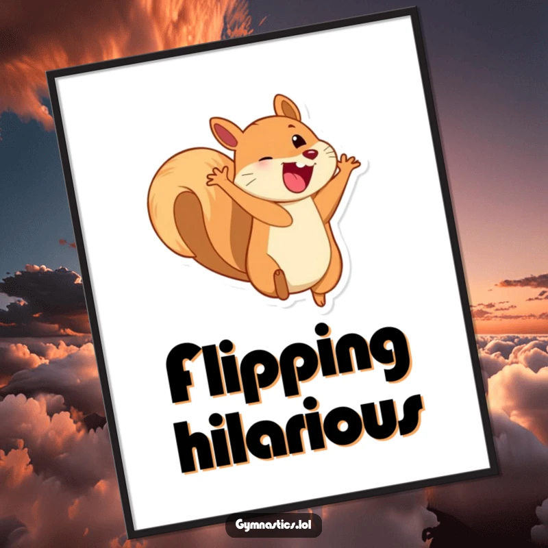 Funny digital art print of a playful squirrel doing a somersault with an enormous, infectious grin.