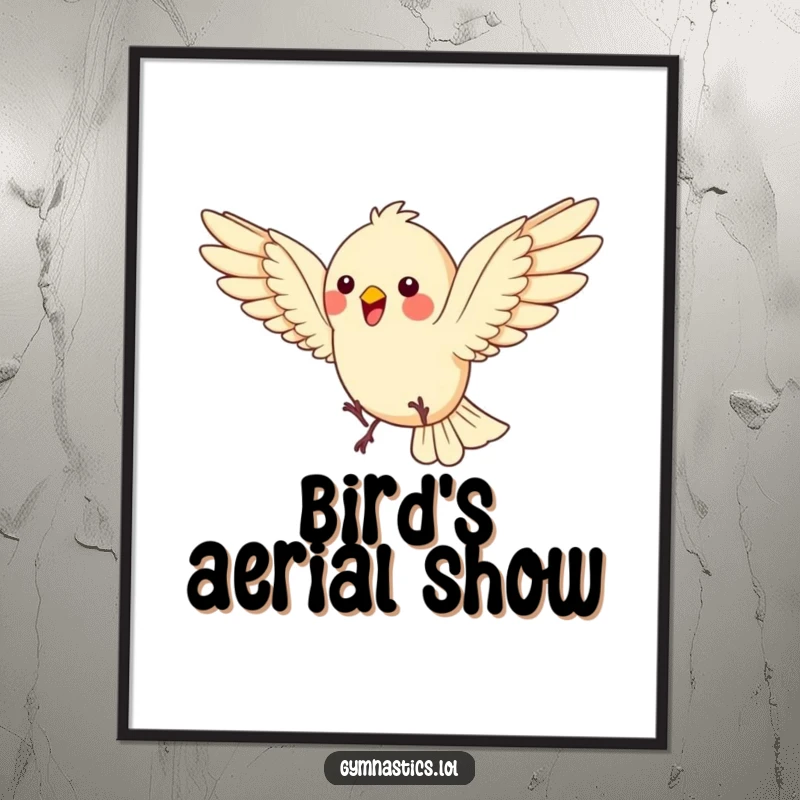 Funny Bird Digital Art Print: A bouncing bird does a somersault, wings spread wide, showcasing energetic humor and avian charm for wall decor, a funny gift.