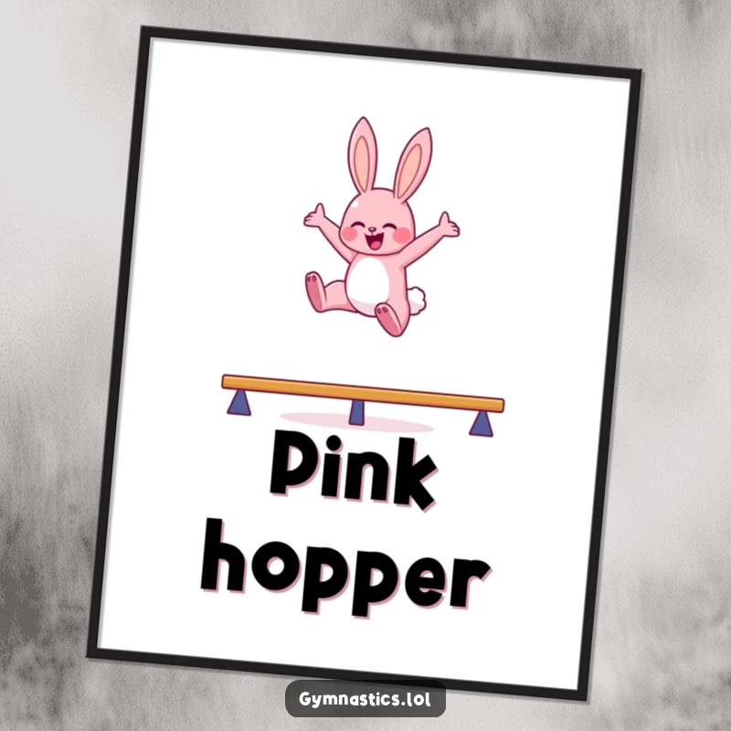 Funny bunny balance beam digital art print of a pink bunny leaping high in the air with arms outstretched, capturing humorous athleticism.