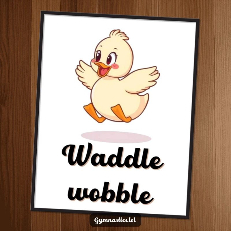 Funny duck jumping with glee, waddling mid-air, a humorous digital art print for wall decor.