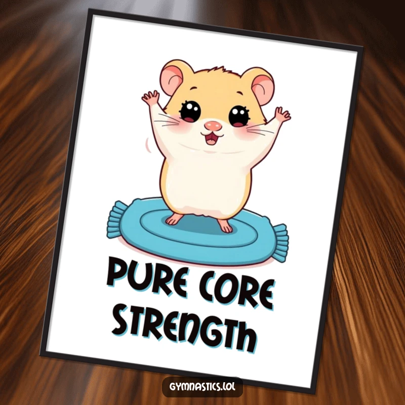 Funny digital art print of a plump hamster with wide eyes, precariously balancing in a shaky handstand on a blue mat.