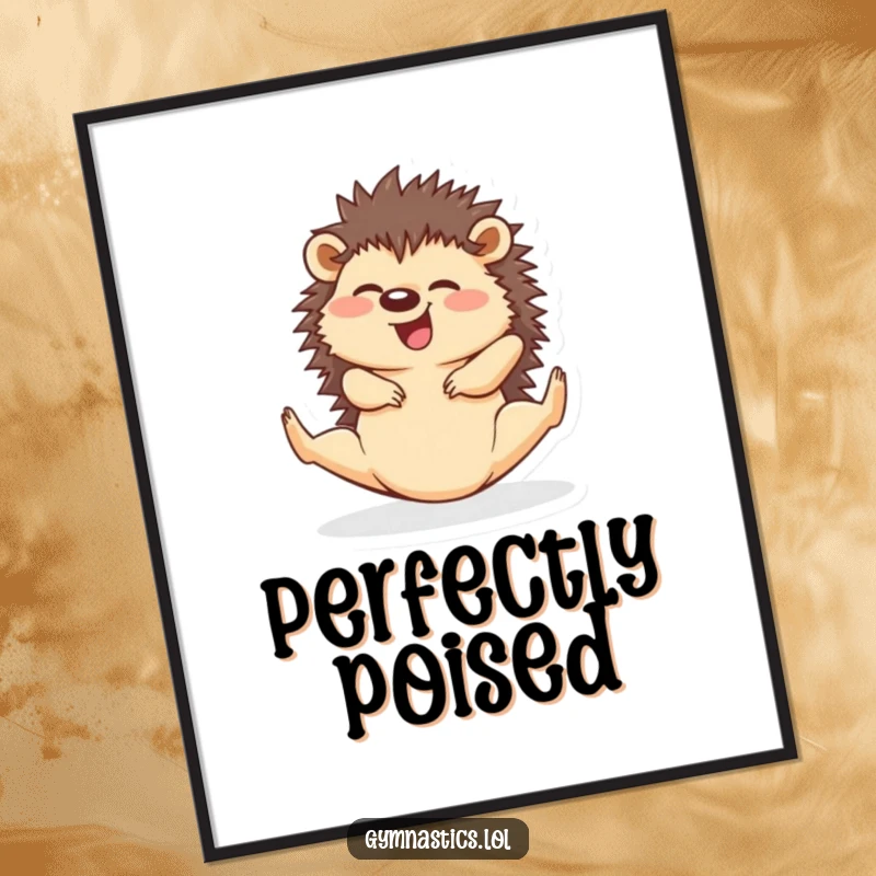 Funny hedgehog in a perfect split, giggling with ease, a humorous digital art print for wall decor.