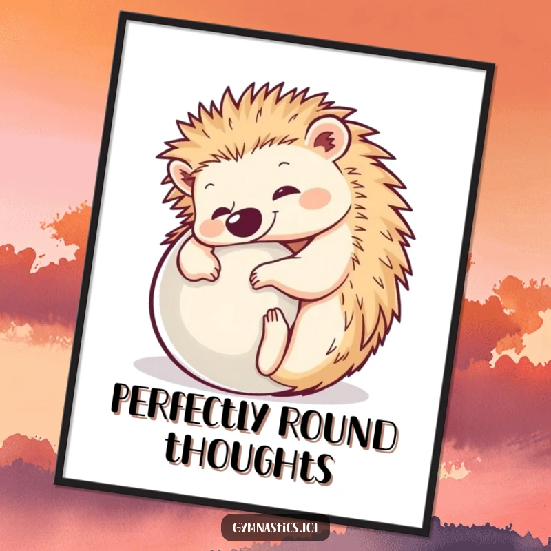 Funny Hedgehog Yoga Digital Art Print: A happy hedgehog rolls into a perfect ball pose, offering a humorous and artistic touch to any space.