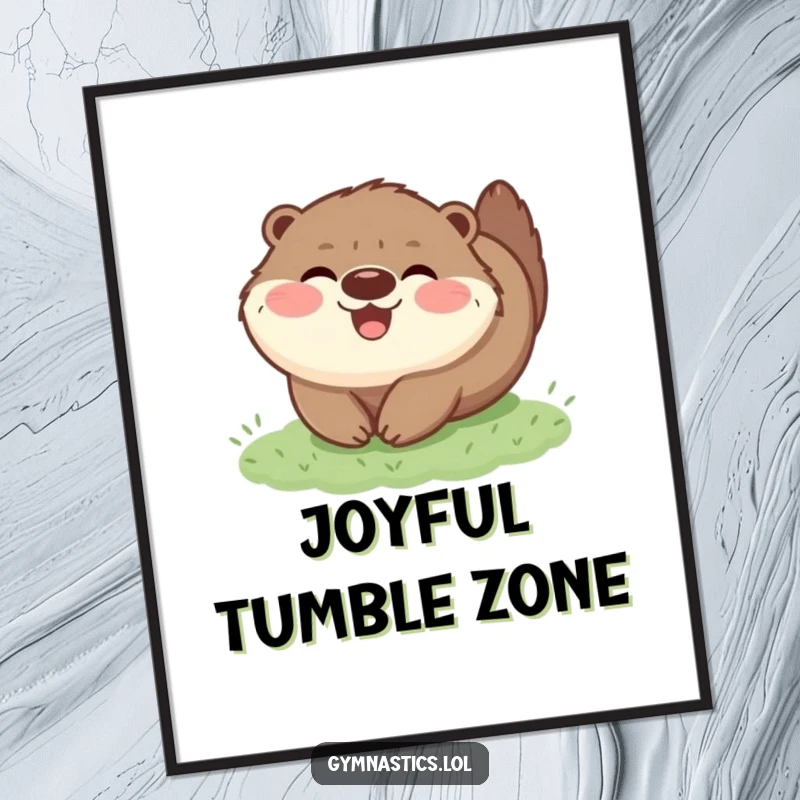 Funny digital art print of a happy, fluffy otter tumbling joyfully on grass, ready to be printed for humorous home decor.