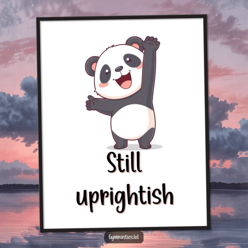 Funny panda attempting a wobbly handstand, happy expression, a humorous digital art print for wall decor.