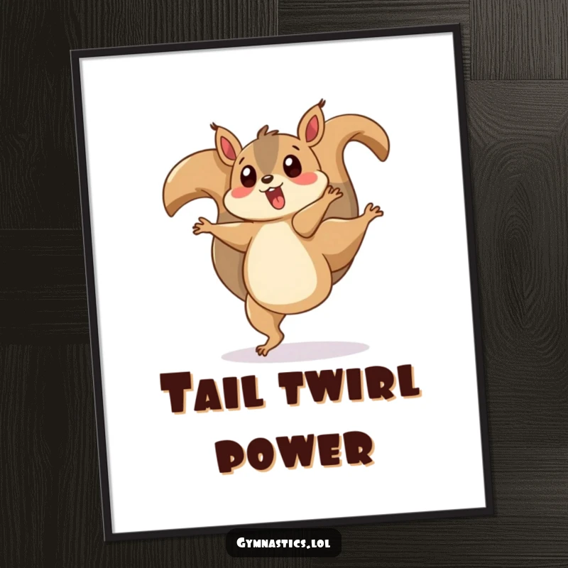 Funny digital art print of a surprised squirrel doing a cartwheel with its tail twirling, ready for humorous home decor.