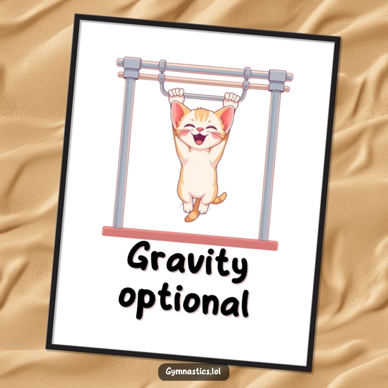 Funny kitten uneven bars digital art print shows a giggling kitten hanging upside down, full of playful motion and feline charm, perfect for decor.