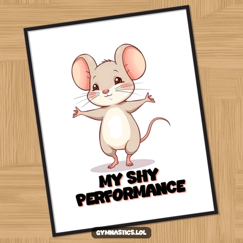 Funny shy mouse performing a shaky pirouette in a digital art print, a delightful and humorous piece for wall decor.