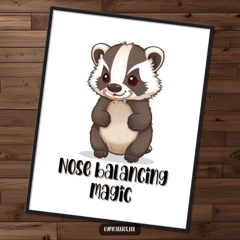 Funny Badger Digital Art Print of a determined badger balancing a sparkling hoop on its nose, radiating focus and humor.