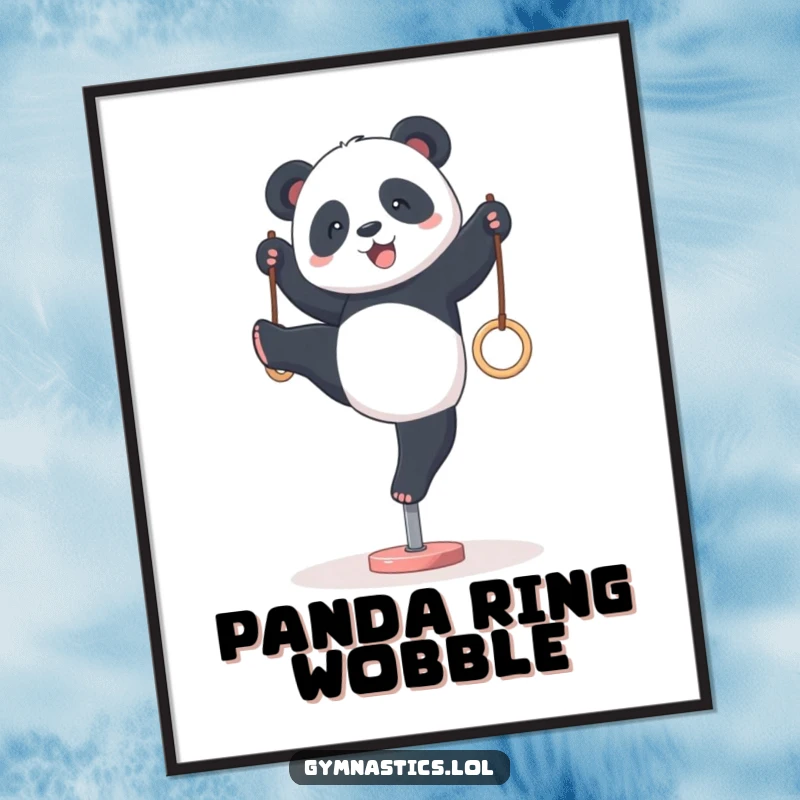 Funny panda gymnastics digital art print, capturing a panda hilariously attempting a wobbly handstand on tiny rings, a vibrant and humorous visual.