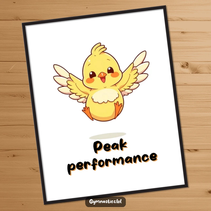 Funny chick art print, wings spread, landing a jump with comedic flair, perfect for digital display.