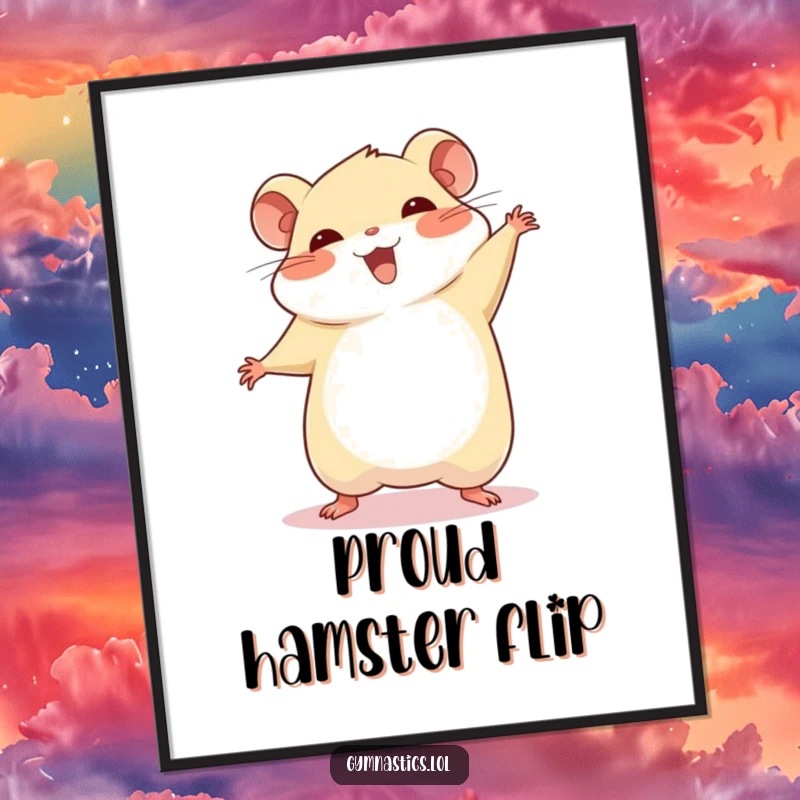 Funny chubby hamster cartwheel digital art print, capturing a hamster mid-cartwheel with a proud smile, a vibrant and humorous visual.
