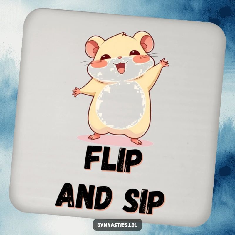 Funny chubby hamster cartwheel coasters, showing a hamster mid-cartwheel with a proud smile, adding a humorous and protective touch to surfaces.