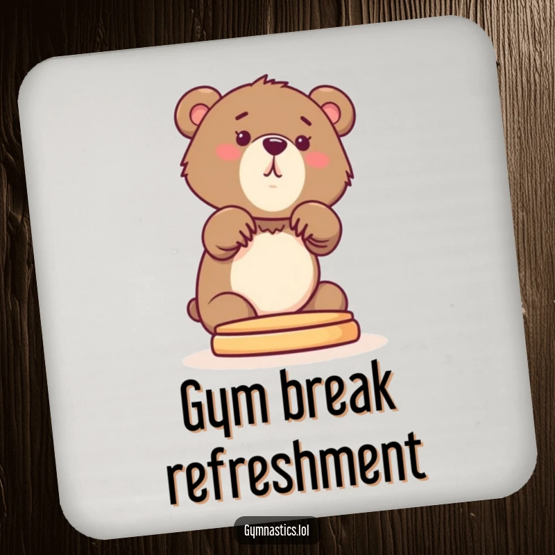 Funny Bear Cub Coaster featuring a curious cub stretching its front paws onto a pommel horse, protecting surfaces with humor.