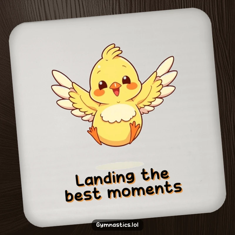 Funny chick executing a landing jump with wings spread, printed on a coaster for surface protection.