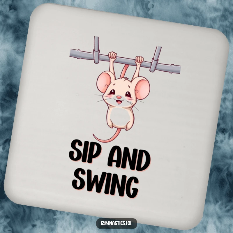 Funny mouse coasters with a mischievous mouse hanging upside down from uneven bars, smiling, great for playful surface protection.
