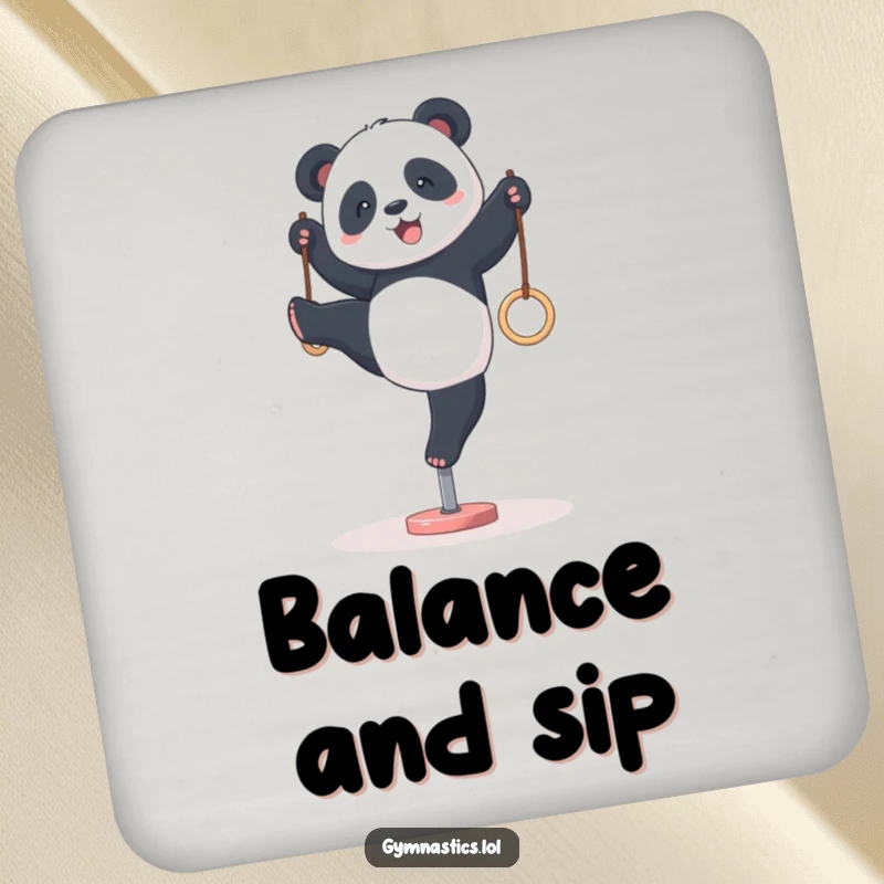 Funny panda gymnastics coasters, showing a panda hilariously attempting a wobbly handstand on tiny rings, adding a humorous touch to surfaces.
