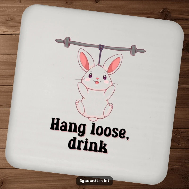 Funny rabbit coaster depicting a curious rabbit humorously hanging upside down from uneven bars, perfect for protecting tables.