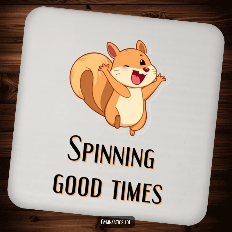Funny drink coaster depicting a playful squirrel in mid-somersault with a massive, cheerful grin.