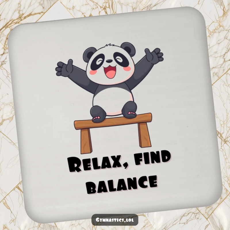 Funny drink coaster with a delighted panda balancing on a beam with outstretched arms, protecting surfaces humorously.