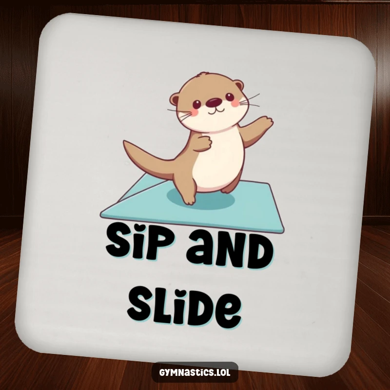 Funny otter coasters with a graceful otter gliding across a floor exercise mat, arms sweeping, great for elegant surface protection.