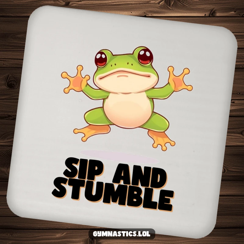 Funny frog coasters featuring a leaping frog landing awkwardly on its nose, adding a touch of comical humor to drink protection.