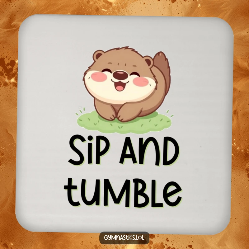 Funny drink coaster featuring a happy, fluffy otter tumbling on grass, providing surface protection with a humorous animal illustration.