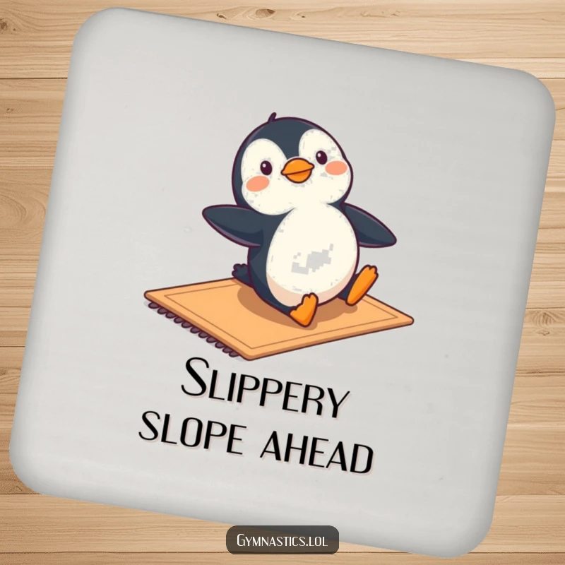 Funny drink coaster featuring a penguin sliding playfully on a mat, adding humor to surface protection.
