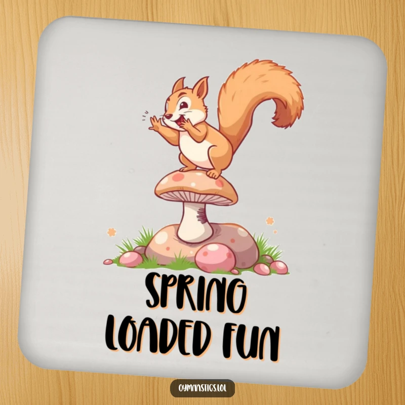 Funny drink coaster featuring a squirrel performing a lively somersault on a springy mushroom, adding humor to drink protection.
