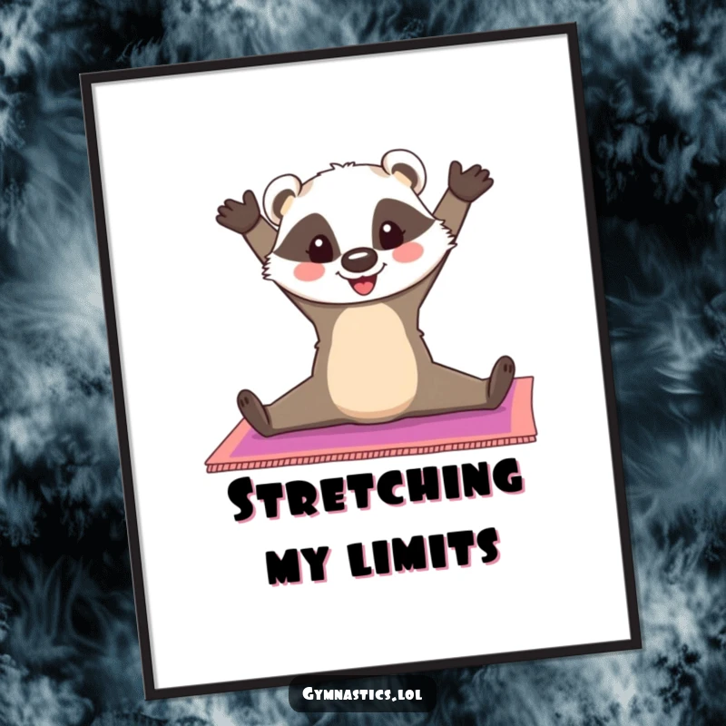 Funny Badger Poster: A cheerful badger does a split on a colorful gymnastics mat, bringing flexibility humor and cheerful energy to wall decor, a funny gift.