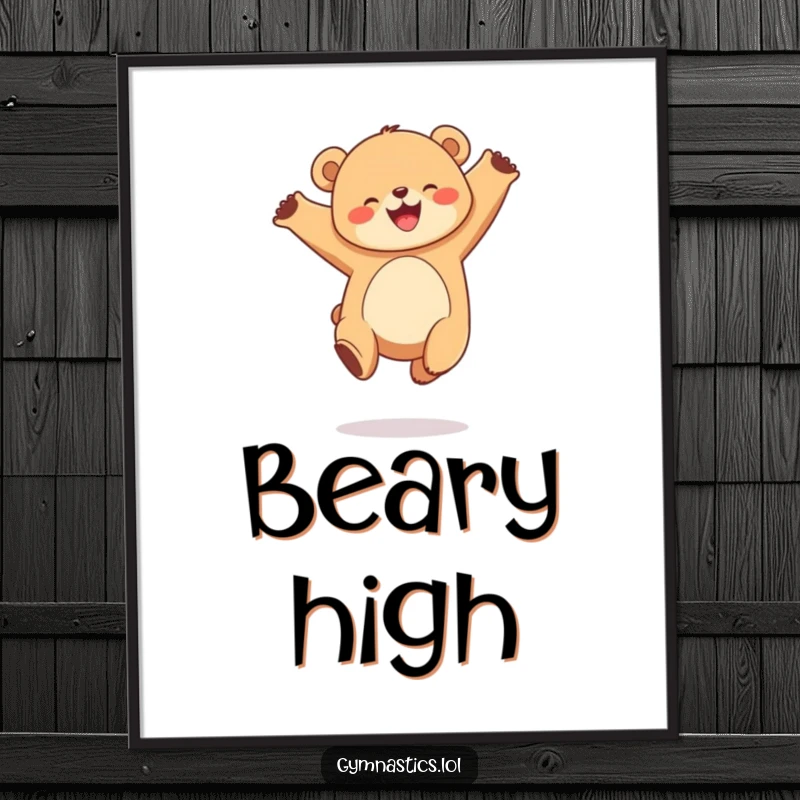 Funny poster of a joyful, round bear cub performing a graceful leap in the air, bringing happiness to walls.