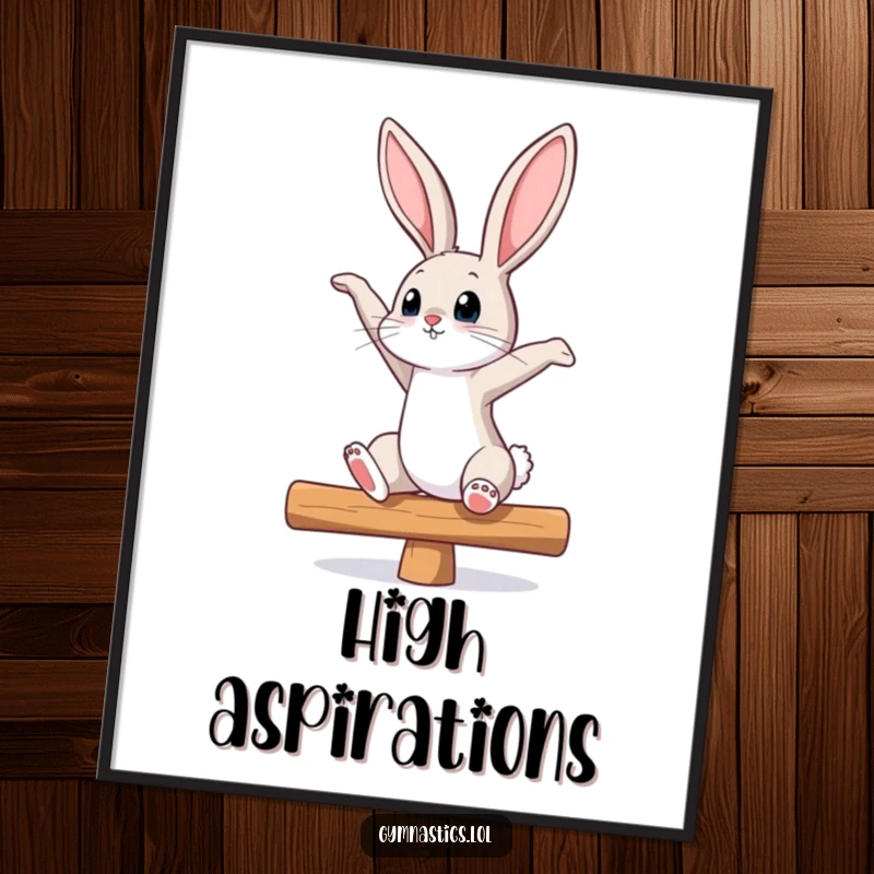 Funny bunny balance beam poster featuring a curious bunny in a dynamic stretching pose, looking up, perfect for adding an artistic and amusing element.