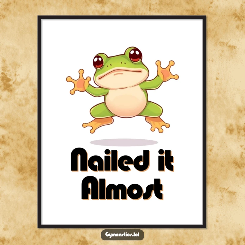 Funny frog poster showcasing a leaping frog landing awkwardly on its nose, perfect for adding comical humor to any wall.