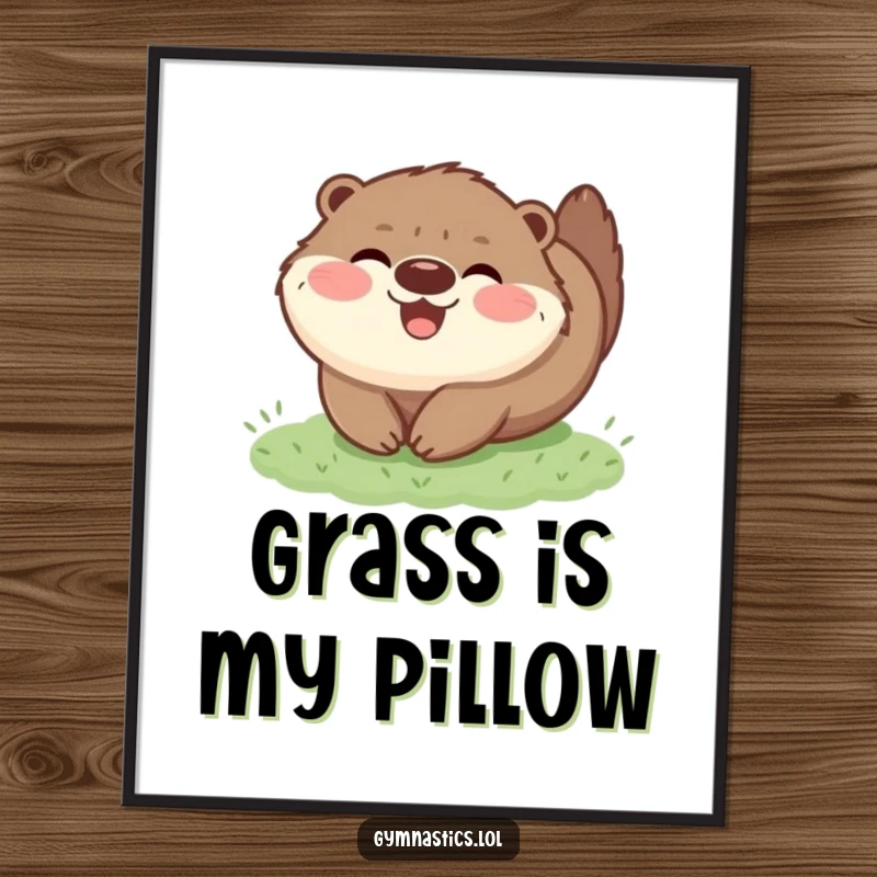 Funny poster featuring a happy, fluffy otter joyfully tumbling on grass, perfect humorous wall art for animal lovers.