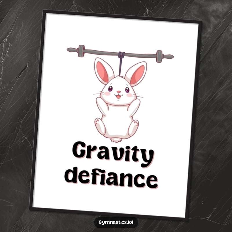 Funny rabbit poster depicting a curious rabbit humorously hanging upside down from uneven bars, bringing playful energy to decor.