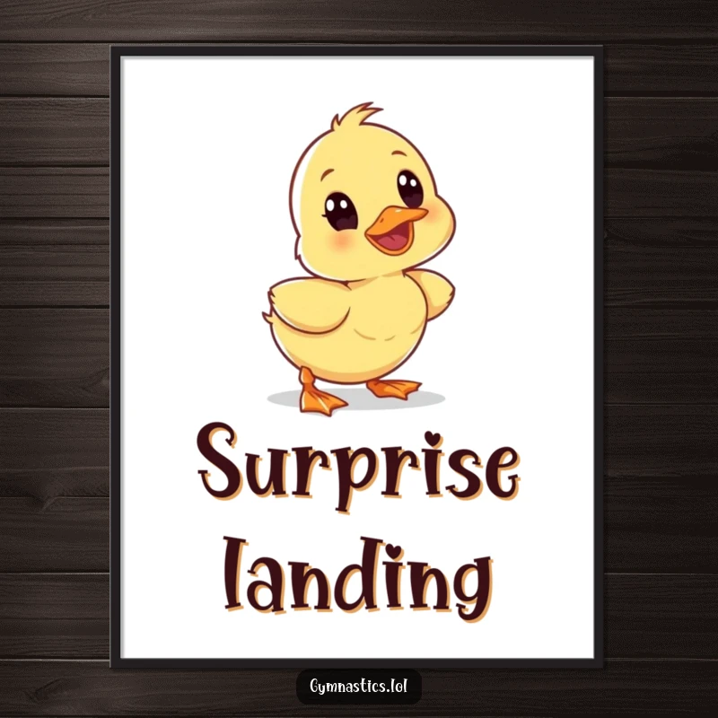 Funny wobbly duckling tumbling forward with a surprised expression, featured in a humorous poster for wall art.