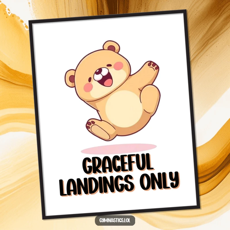 Funny Poster print of a joyful bear tumbling gracefully and landing perfectly on its feet, rendered in a charming artistic style.