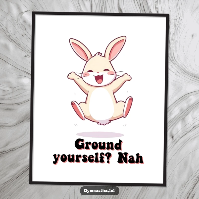 Funny poster of a bouncy rabbit performing a cartwheel with sheer joy, adding a humorous and energetic touch to walls.
