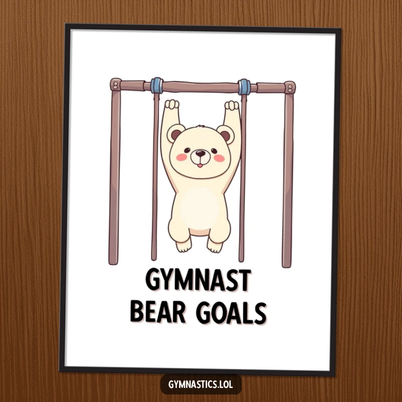 Funny Bear Gymnastics Poster: A proud bear hangs upside down from uneven bars, bringing a humorous and inspiring element to wall decor.