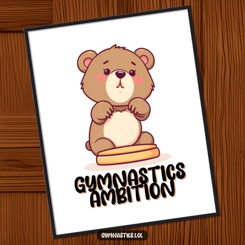 Funny Bear Cub Poster featuring a curious cub stretching its front paws onto a pommel horse, adding humor to any space.