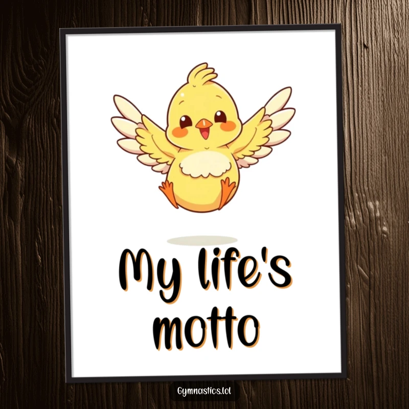 Funny chick artwork, wings spread, executing a perfect landing jump, displayed as a humorous poster.