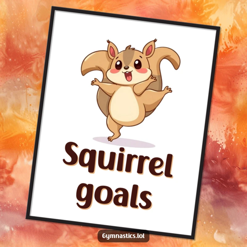 Funny poster of a surprised squirrel doing a cartwheel with its tail twirling, perfect humorous wall art for animal lovers.