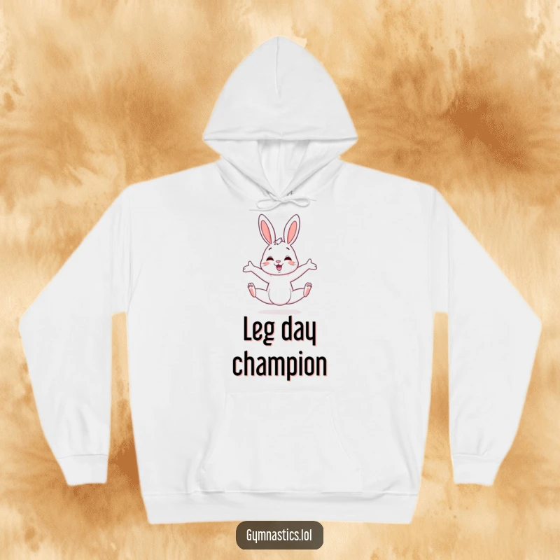 Funny bunny hoodie showing a cheerful bunny performing an exaggerated split with legs askew, full of humorous flexibility.
