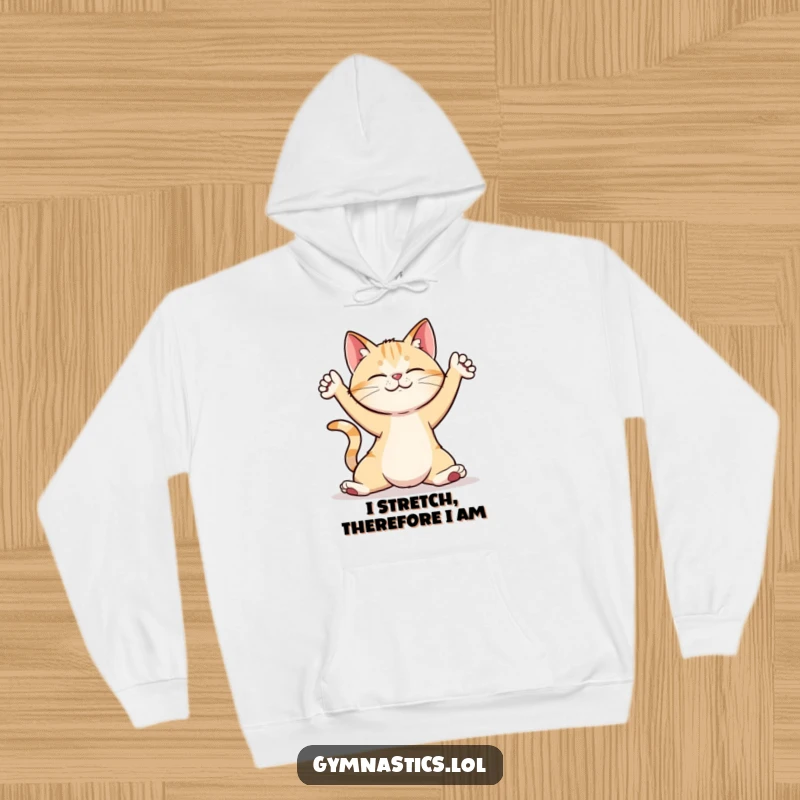 Funny cat in a dynamic yoga pose on a hoodie, offering humorous comfort and flexibility.
