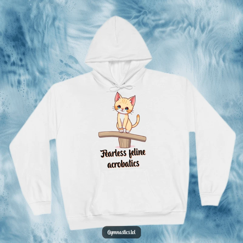 Funny hoodie with a cute kitten balancing on a beam, tail held high in a comical display of agility and determination.