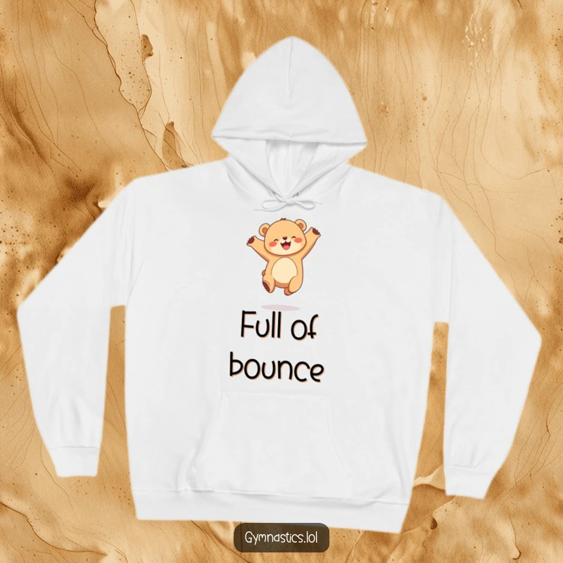 Funny hoodie featuring a joyful, round bear cub performing a graceful leap in the air, perfect for cozying up.