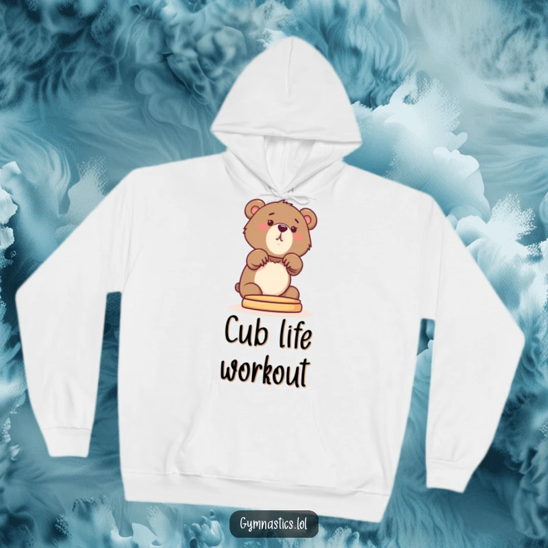 Funny Bear Cub Hoodie featuring a curious cub stretching its front paws onto a pommel horse, making it a cozy and funny gift.