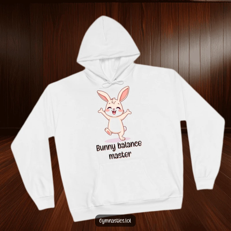 Funny Bunny Hoodie: Happy bunny performing an enthusiastic, albeit wobbly, handstand, radiating warmth and playful determination.